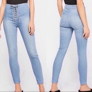Free People Lace Up Tie High Rise Skinny Jeans Light Wash